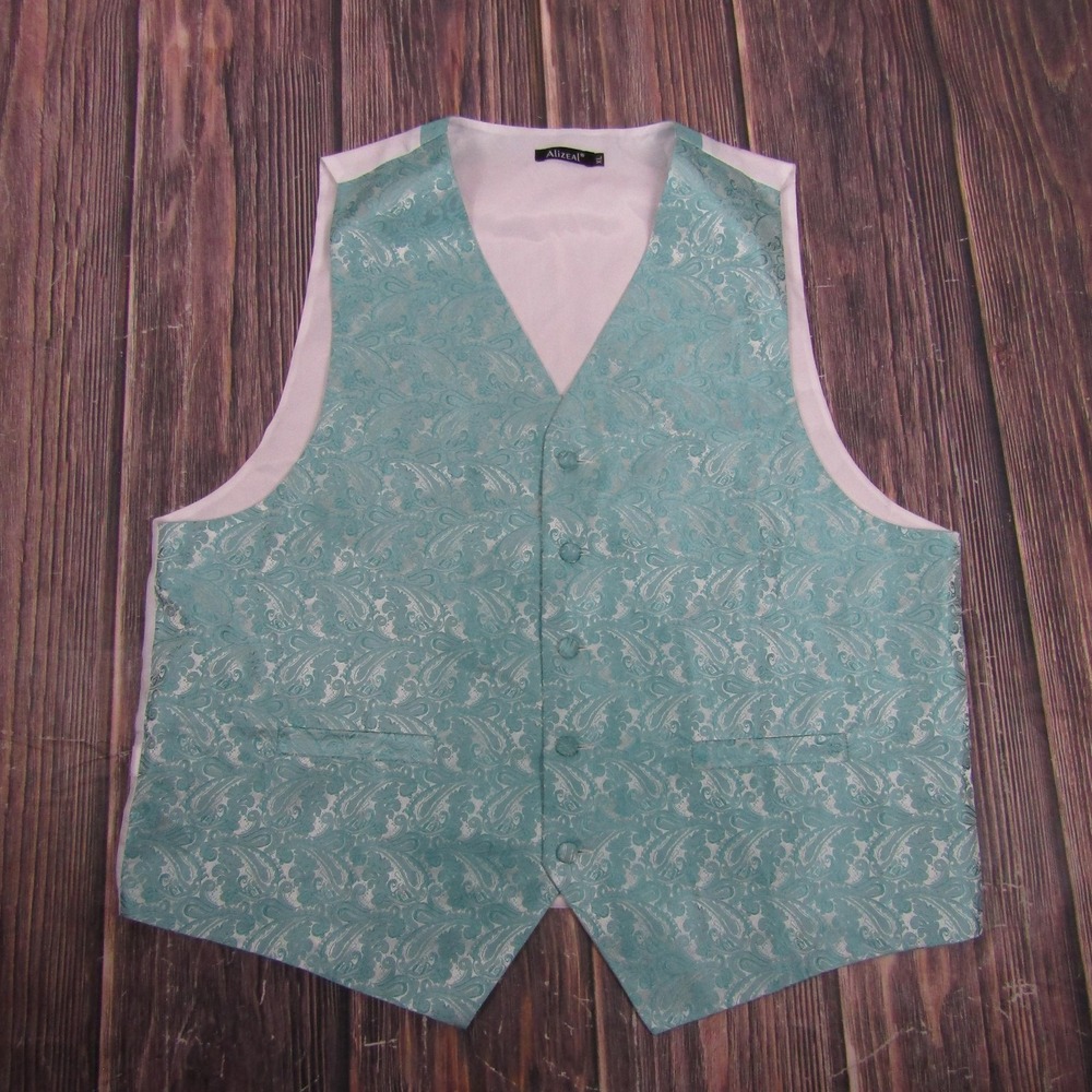 Alizeal Vest Mens XL Green Paisley‎ Tuxedo Waistcoat Belted Formal Wedding
